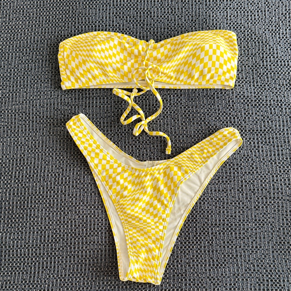 Yellow Checkerboard Bandeau Bikini Set